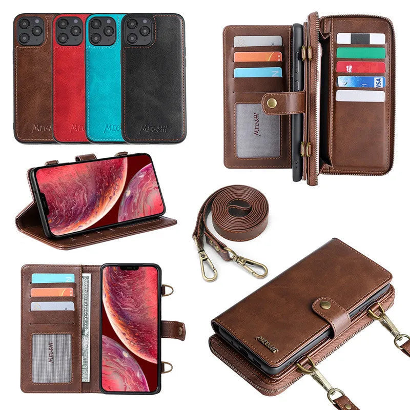 Black detachable wallet backpack leather flip phone case for Samsung Galaxy Note and Apple iPhone