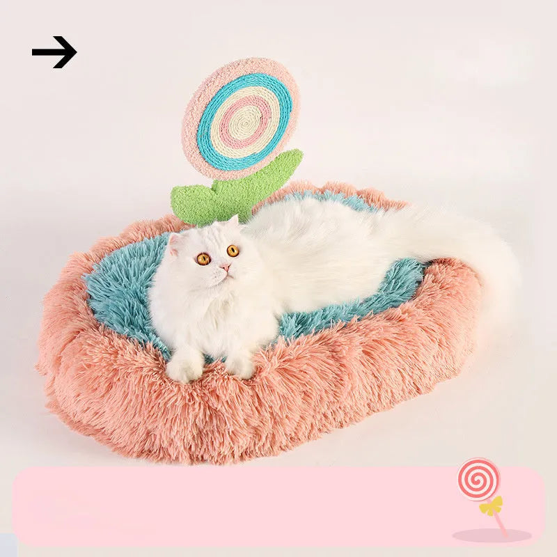 Pink elliptical lollipop design cat bed with thick plush material and removable washable cover