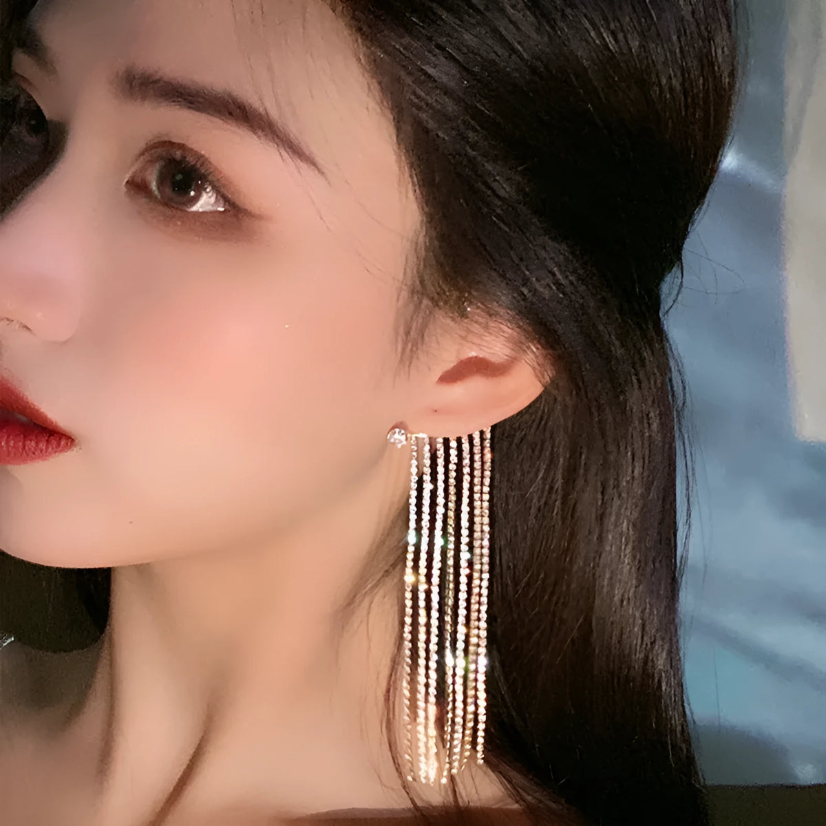 Geometric long tassel earring for women, 14K real gold plated finish, alloy construction, ear hook design