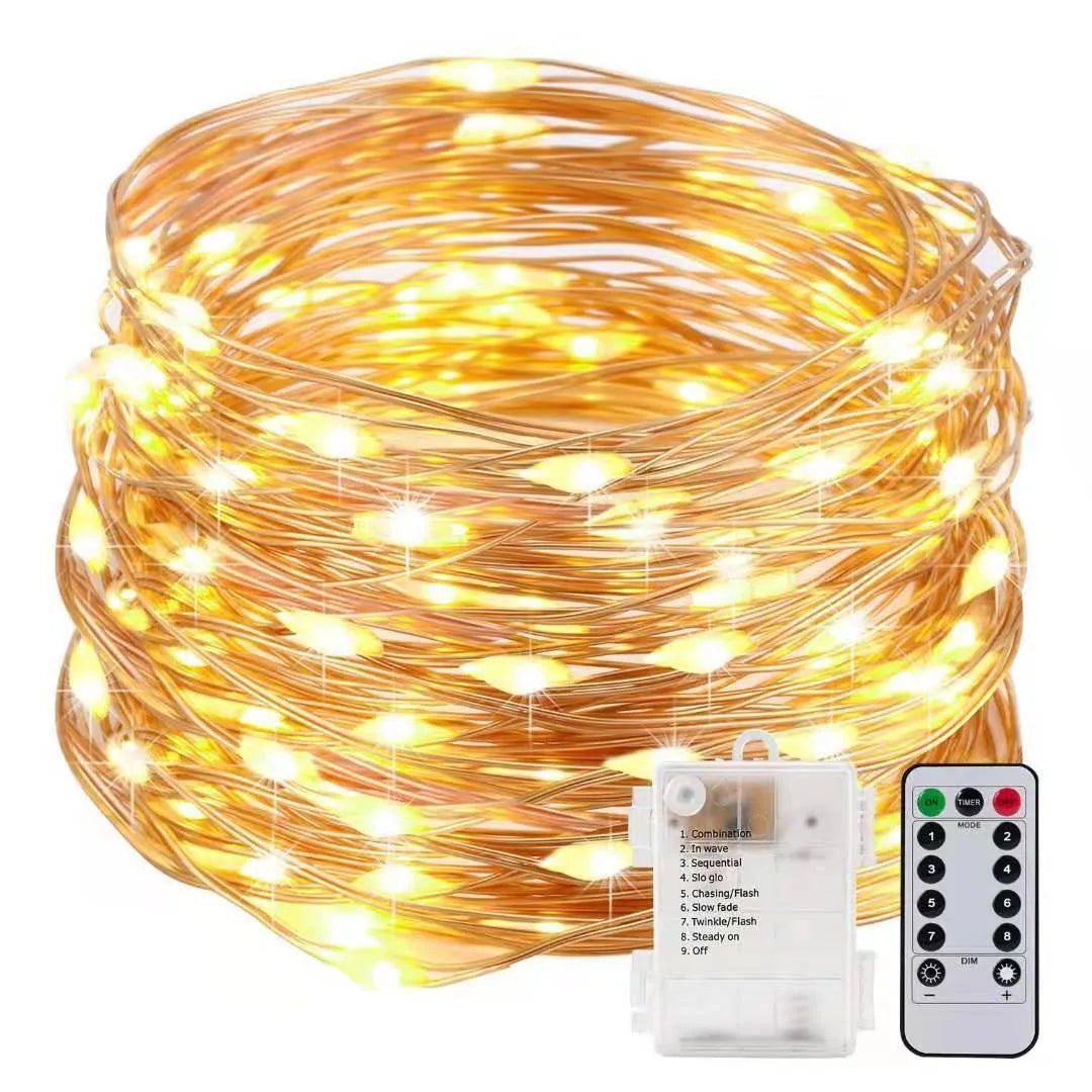 Flexible copper wire LED string light coiled on a table, showing small bulbs and a dual-power control box.