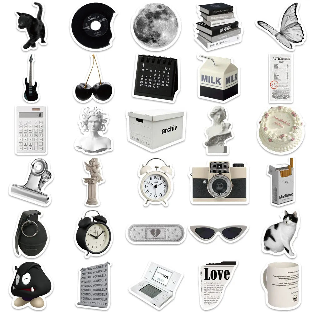 Set of 61 black and white waterproof PVC stickers for laptops, phones, luggage, and other personal items.