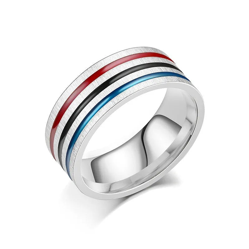 Titanium steel ring with rainbow drops of oil finish, flower shape, 8mm width, silver colour