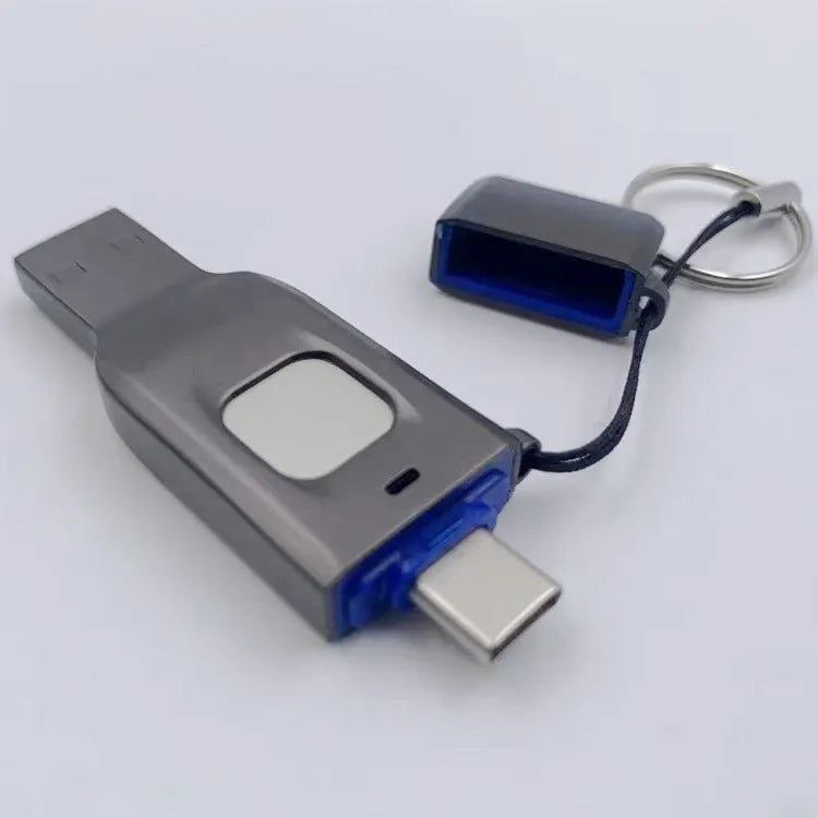 Black fingerprint USB flash drive with metal casing showing USB 3.0 and Type-C interfaces