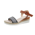 Women's houndstooth print buckle sandals in black with fish mouth toe on light background