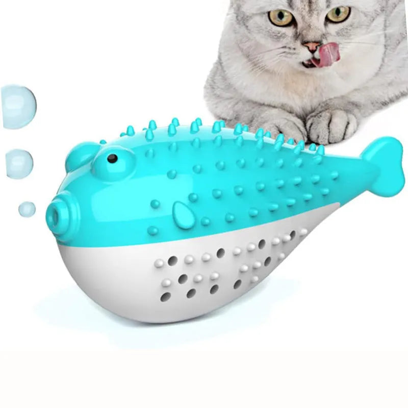 Silicone fish-shaped cat chew toy with toothbrush cleaner design in assorted colours
