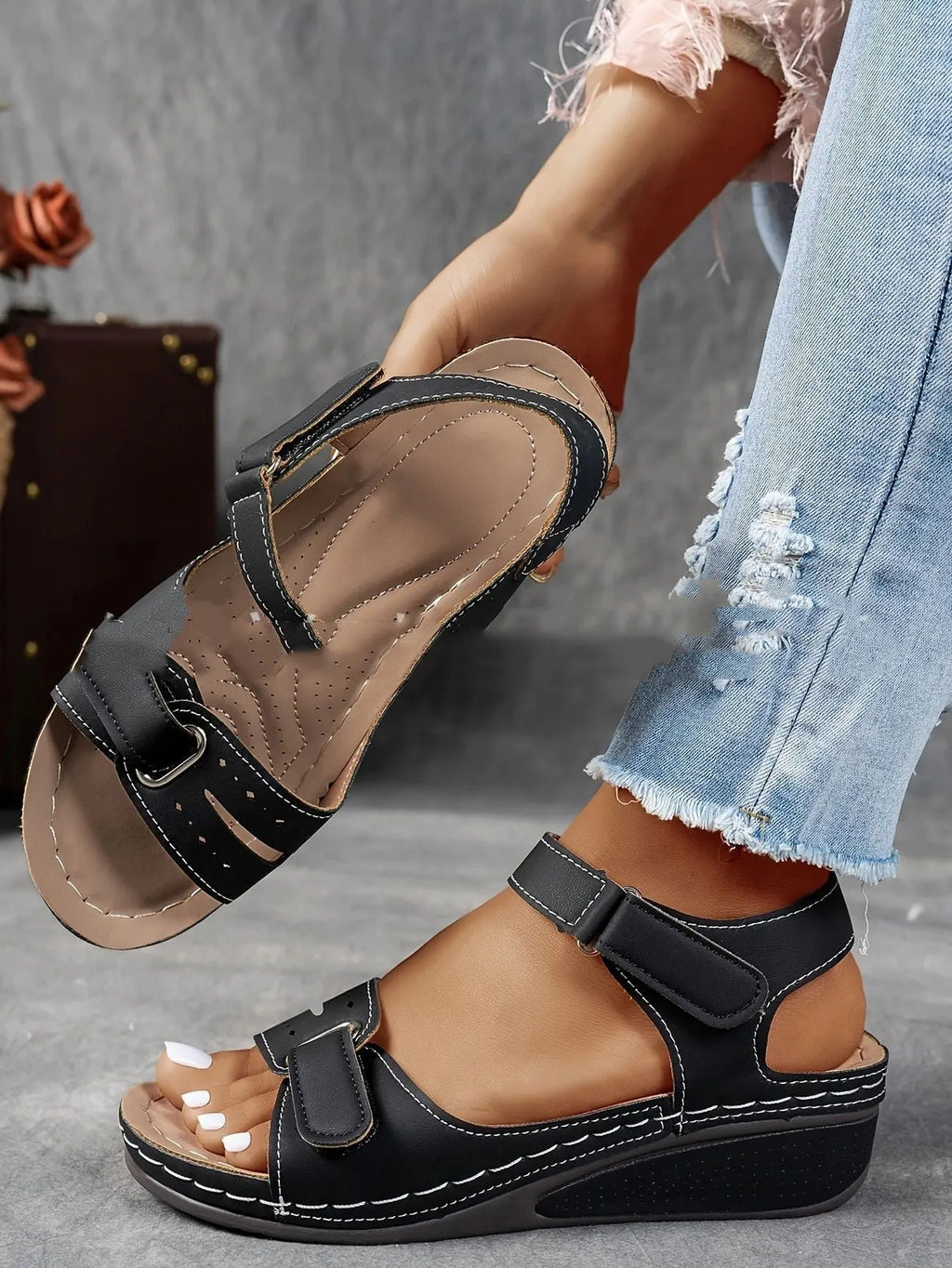 Beige plus size strap sandals with a thick composite sole and Velcro closure on a white background.