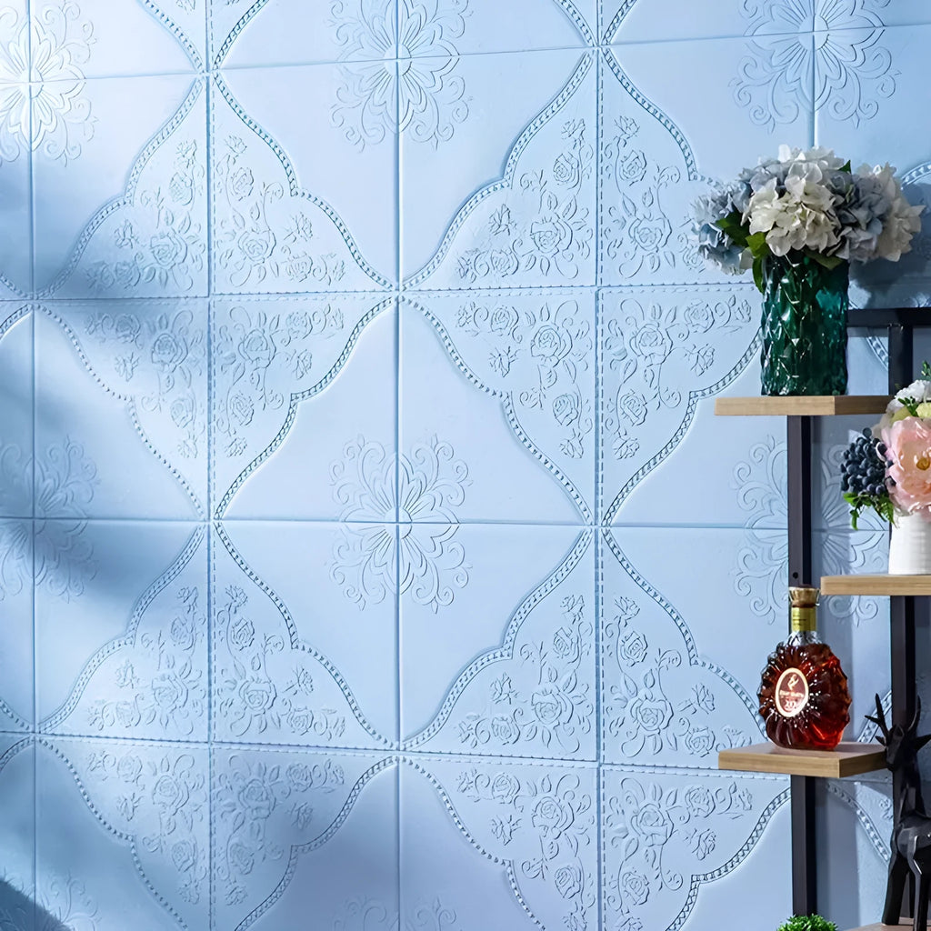 Light blue plants pattern XPE foam wall sticker showing three-dimensional texture 70cm square