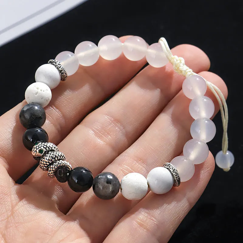 Black and white agate couple bracelets with blessing snake design and handcrafted manual processing