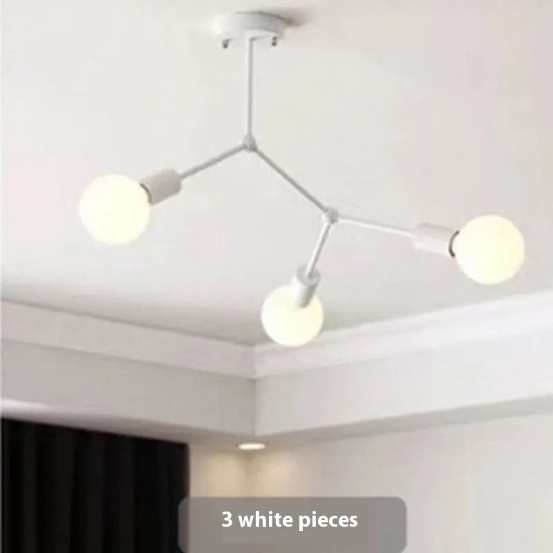 Iron chandelier ceiling lamp in Nordic style, shown in black and white, with multiple head options.