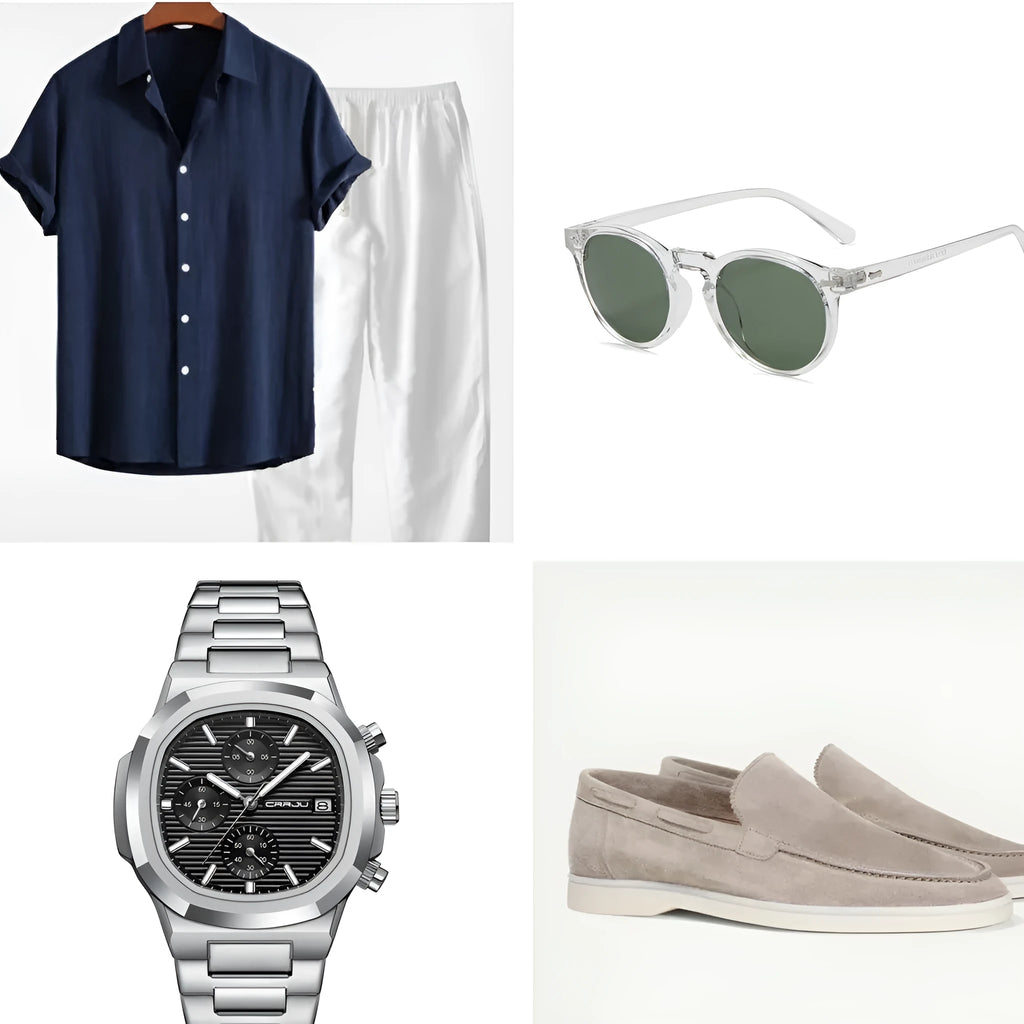 Casual loose navy blue cotton linen short sleeve shirt and shorts suit set