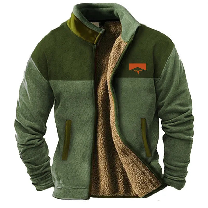 Men's green polyester padded coat on a hanger, regular fit.