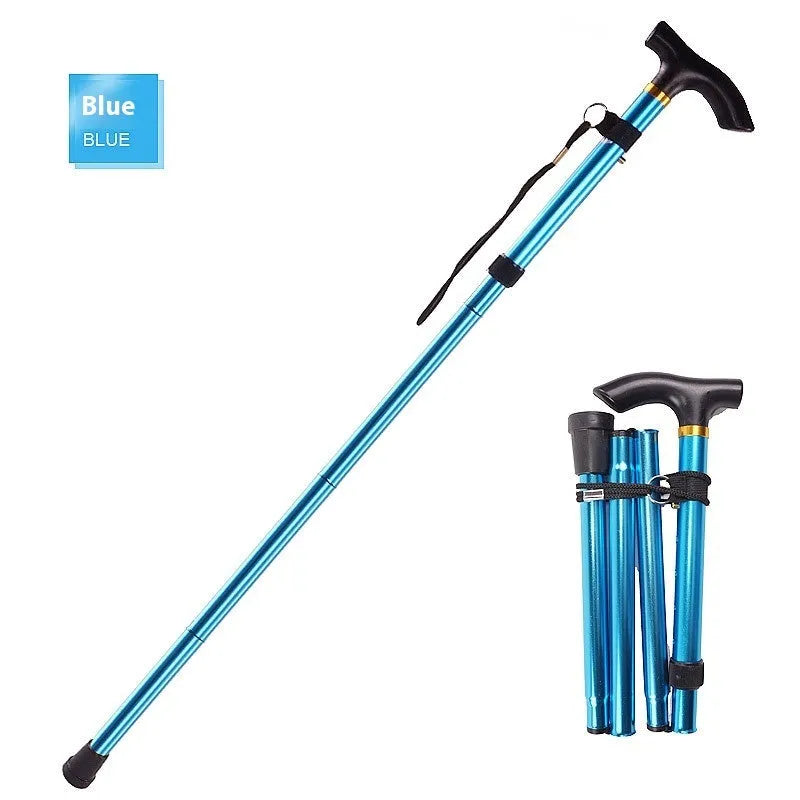 Aluminium alloy folding walking cane extended and folded, showing adjustable length and non-slip handle.