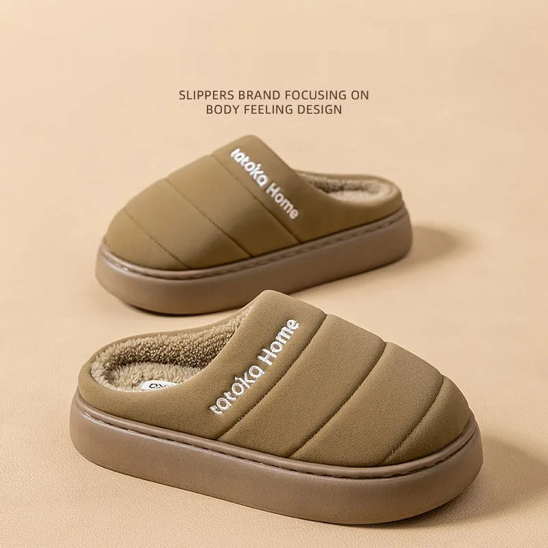 New cotton waterproof fleece lined non-slip platform slippers with EVA sole in khaki colour, flat heel 3.0 cm