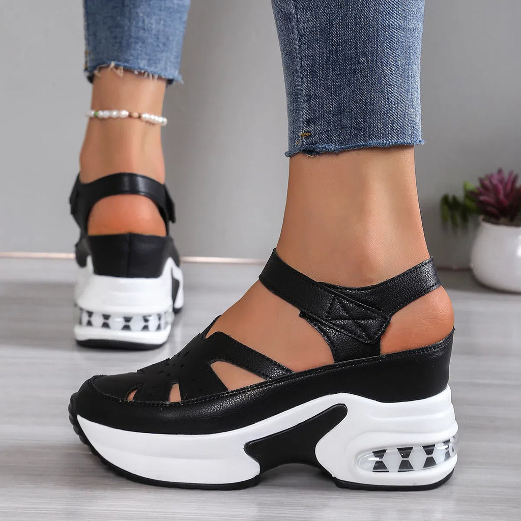 Women's black platform hollow-out sandals with hook-and-loop closure and round toe, PU upper