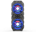 Portable Bluetooth speaker with colour lights and pull rod handle in blue, red, or silver grey finish