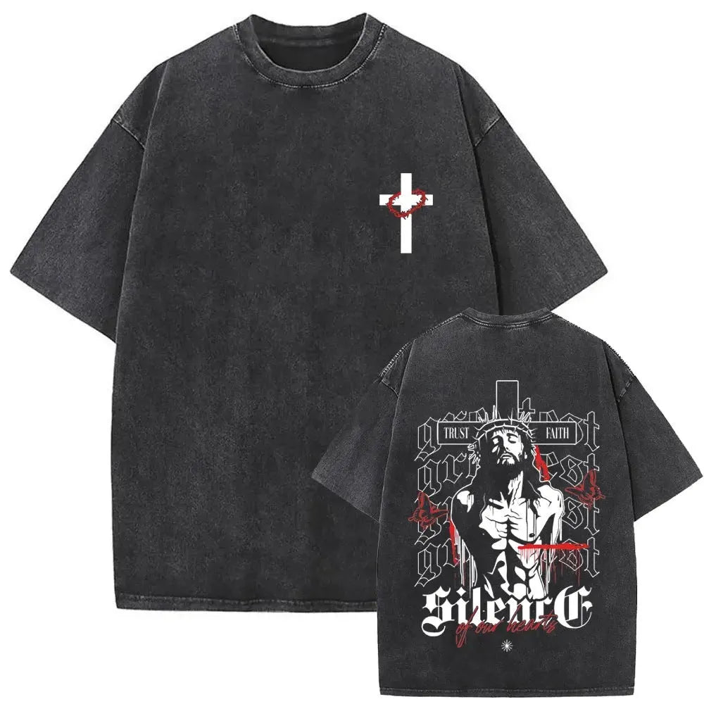 Christian vintage washed T-shirt with Jesus Forgive Them Father print, black, front view