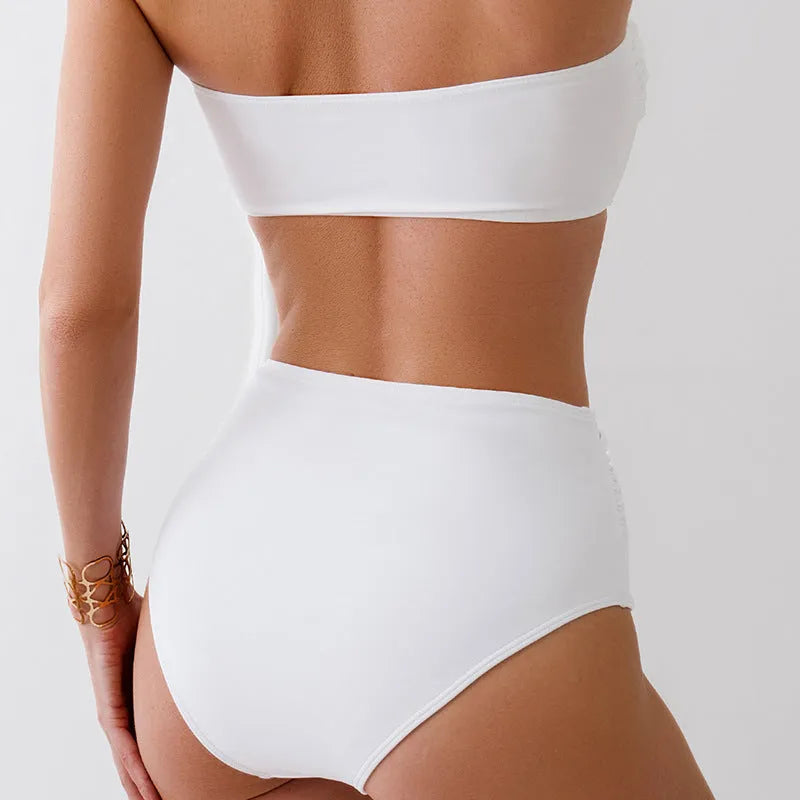Women's solid colour white polyester tube top bikini set with pants for swimming