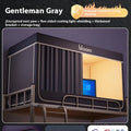 Grey polyester bed curtains with integrated mosquito net for 0.9m beds showing three-door access and wall-mounted brackets