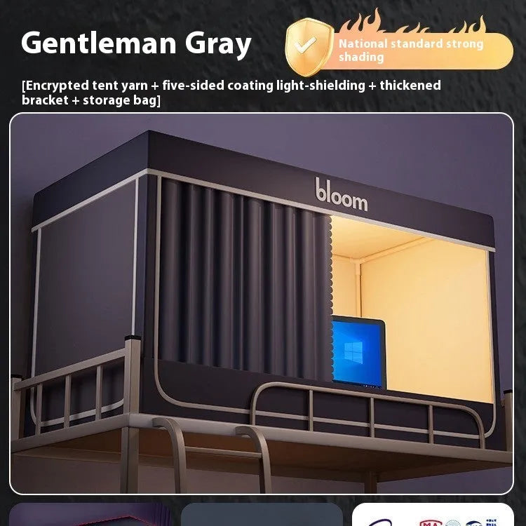 Grey polyester bed curtains with integrated mosquito net for 0.9m beds showing three-door access and wall-mounted brackets