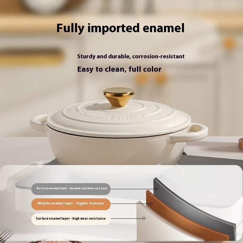 Cream white cast iron soup stew pot with lid, 24cm, uncoated interior, enamel finish