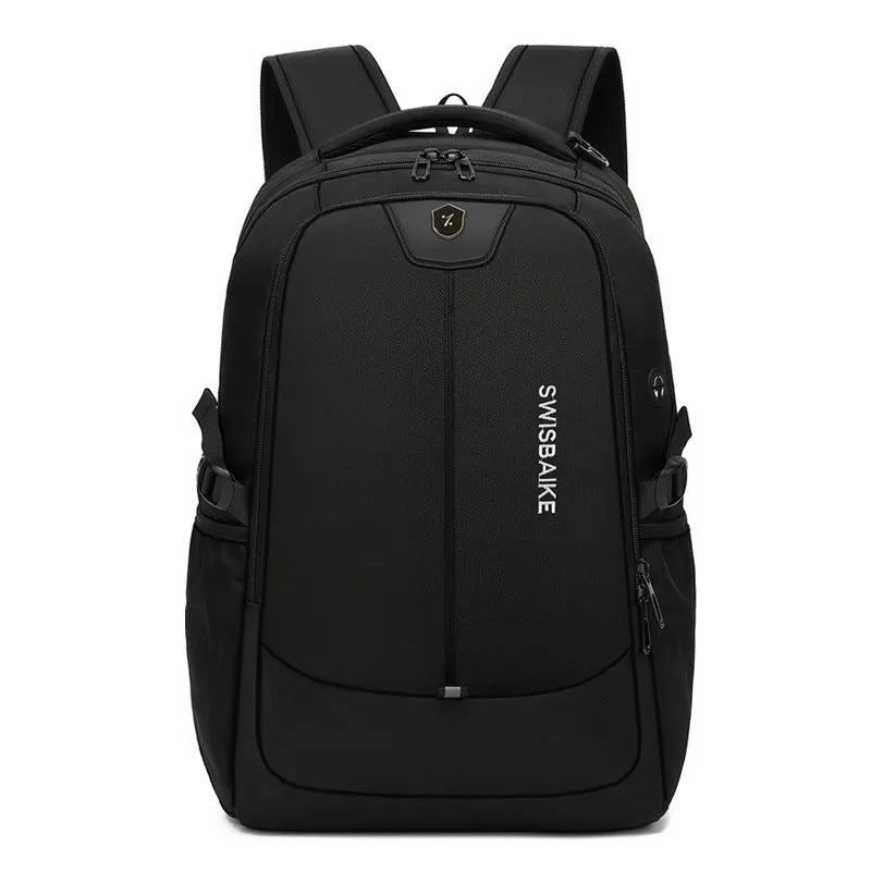 Outdoor men's casual sports backpack in black Oxford cloth with stitching detail and curved shoulder strap