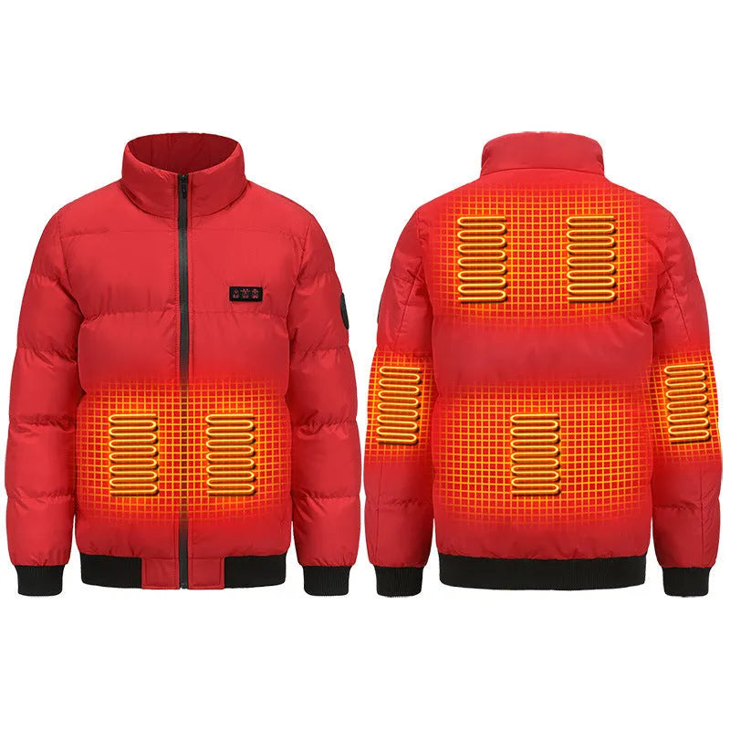 Outdoor USB heated cotton-padded jacket in red, windproof and waterproof, cardigan style