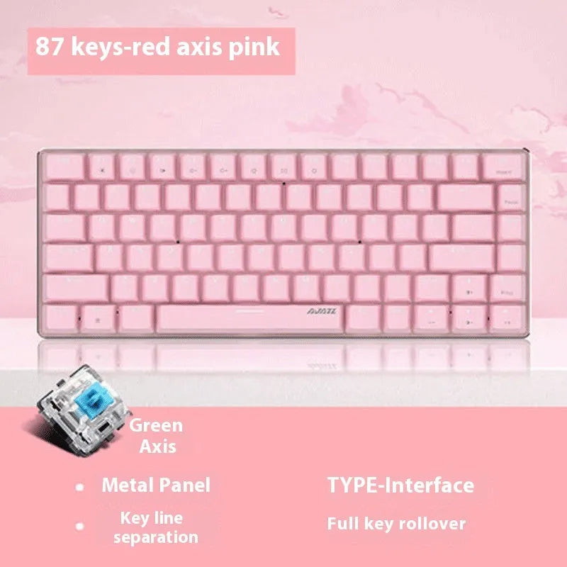 Pink mechanical gaming keyboard with 82 keys, white backlight, and metal construction on desk