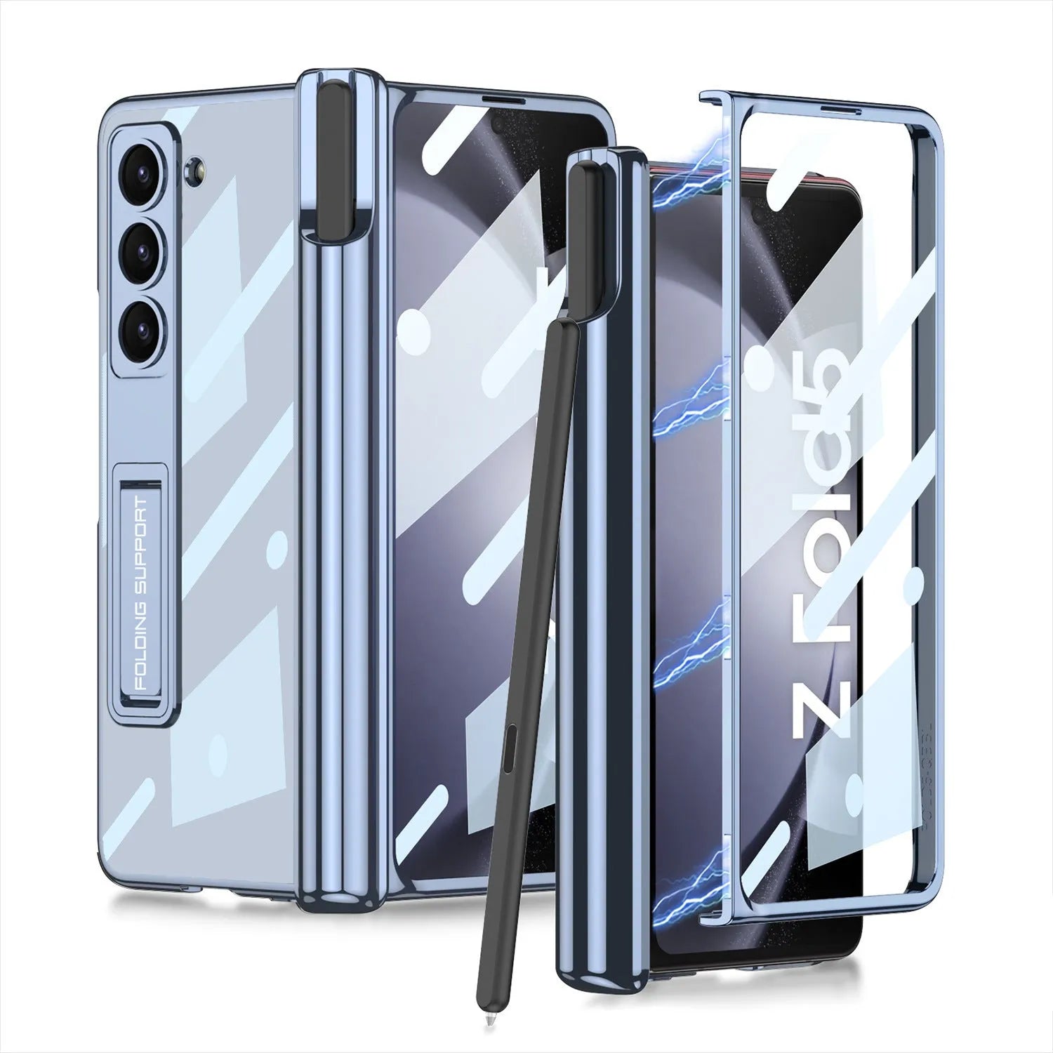 Electroplating transparent hard case with magnetic hinge pen holder for Samsung Z Fold 5, Holiday Blue colour