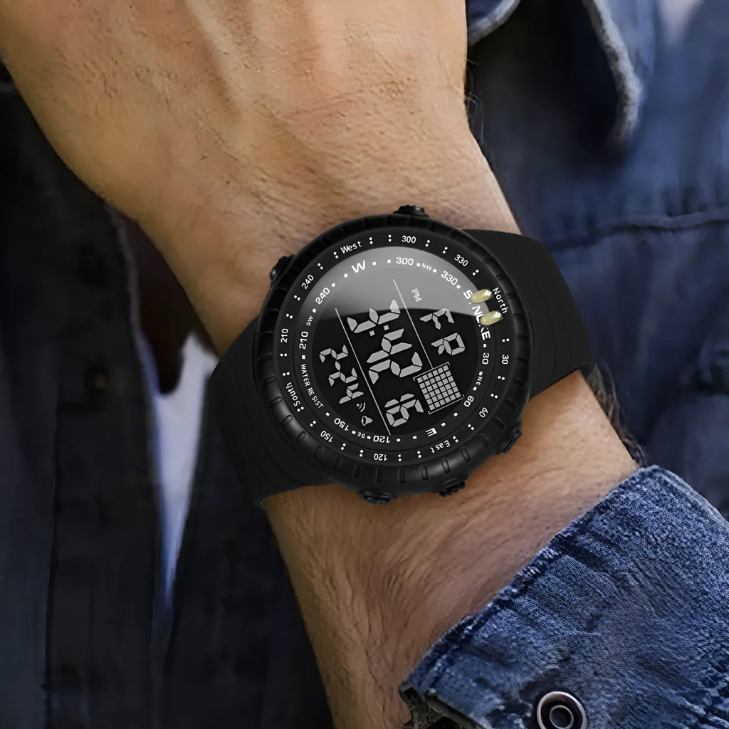Black waterproof men's electronic watch with large dial on adjustable PU strap.