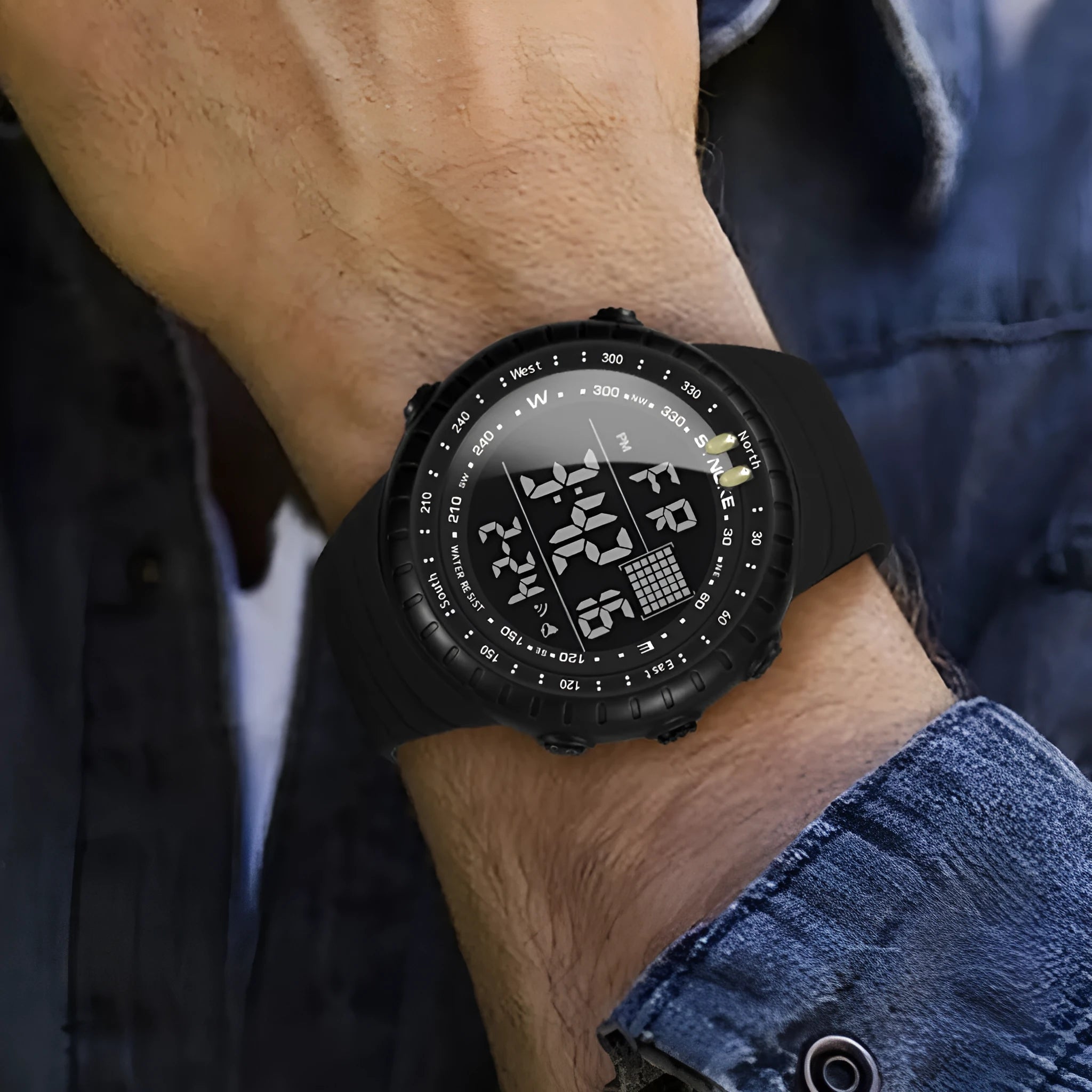 Black waterproof men's electronic watch with large dial on adjustable PU strap.