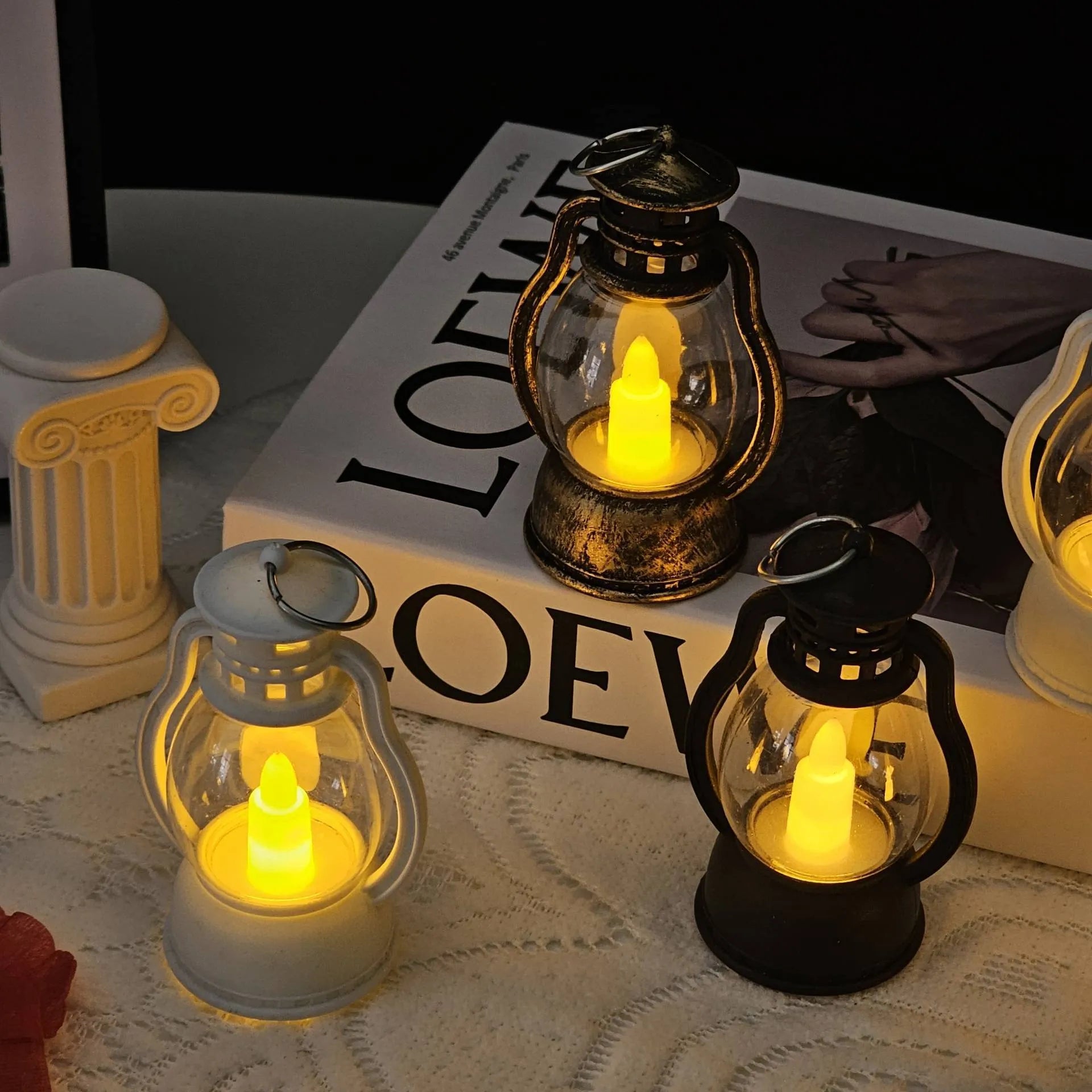 Electronic candle PP mini lantern in black bronze white for barn bar hotel decor