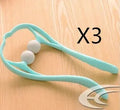 A pink plastic hand-held neck massager with a swan-neck shape and removable roller head for pressure point therapy.