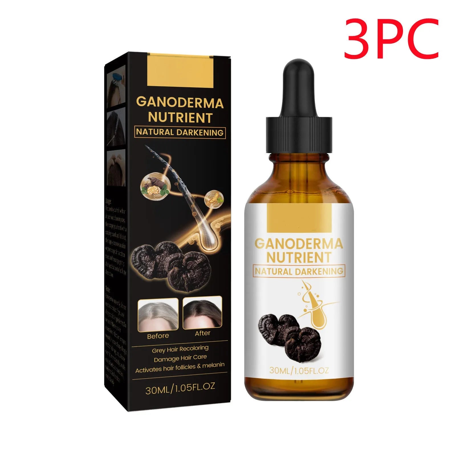 30ml Black Ganoderma hair lotion bottle for follicle activation and melanin support