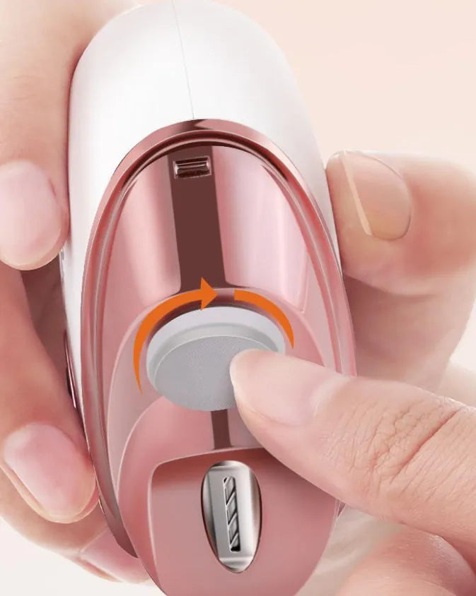 Blue automatic electric nail clipper and polisher tool with USB Type-C charging port and cleaning brush.