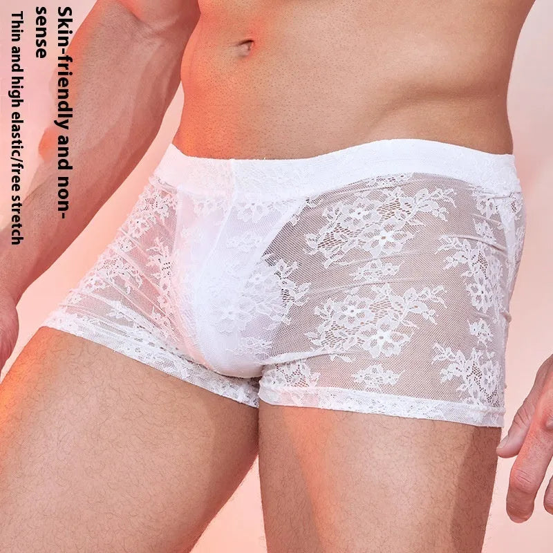 Men's black lace trim nylon boxer briefs laid flat, showing free size label.