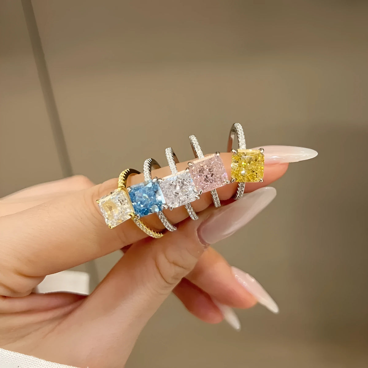 Sterling silver cube sugar ring with ice flower cut zircon, geometric quadrilateral design, women's sizes 5 to 9