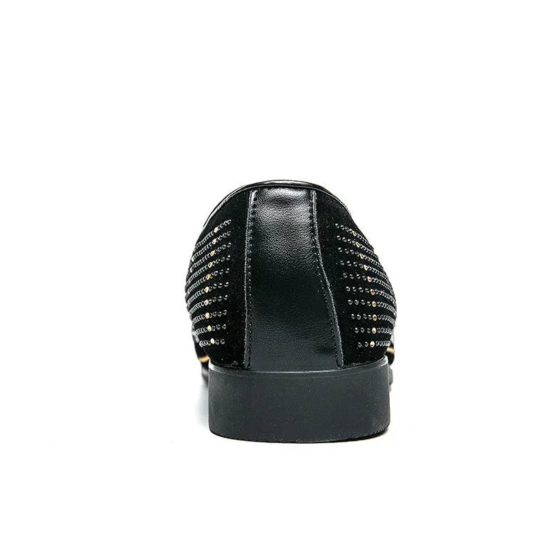 Men's black business casual PU leather shoes with round toe and sewing thread detail
