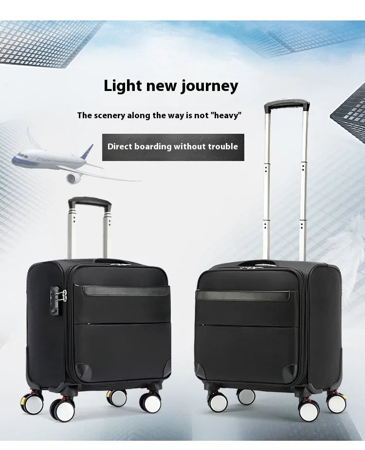 Black 18-inch Oxford cloth carry-on suitcase with retractable handle and four universal wheels.