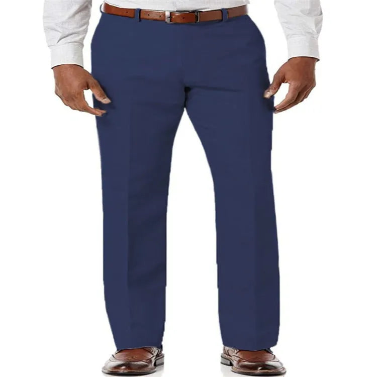 Men's beige white linen-cotton casual trousers with slant pockets laid flat.