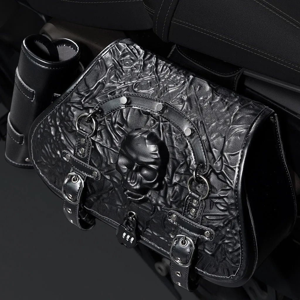 A pair of black PU motorcycle side luggage bags with model number FBG404BK for bike modification.