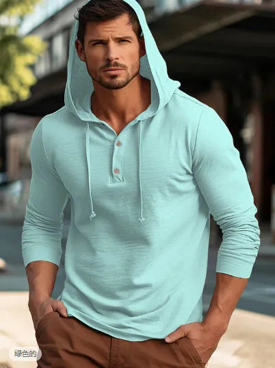 Men's casual cotton pullover hoodie in dark blue colour with long sleeves.