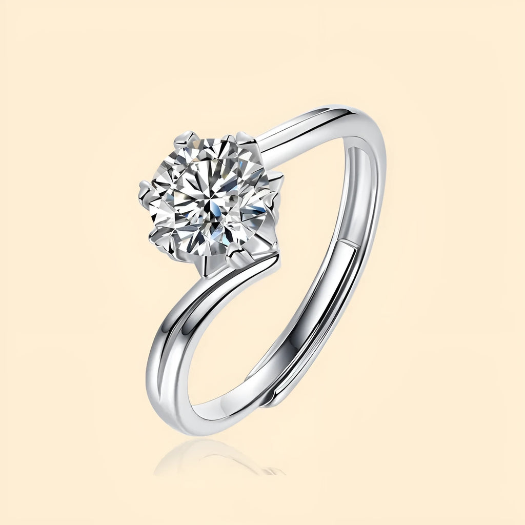 S925 silver platinum-plated moissanite ring in round geometric shape on white background