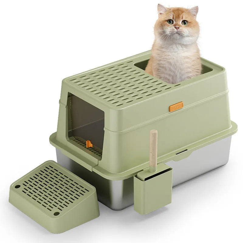 Grey enclosed cat litter box with pedal-operated entrance and dustbin-style ABS plastic construction.