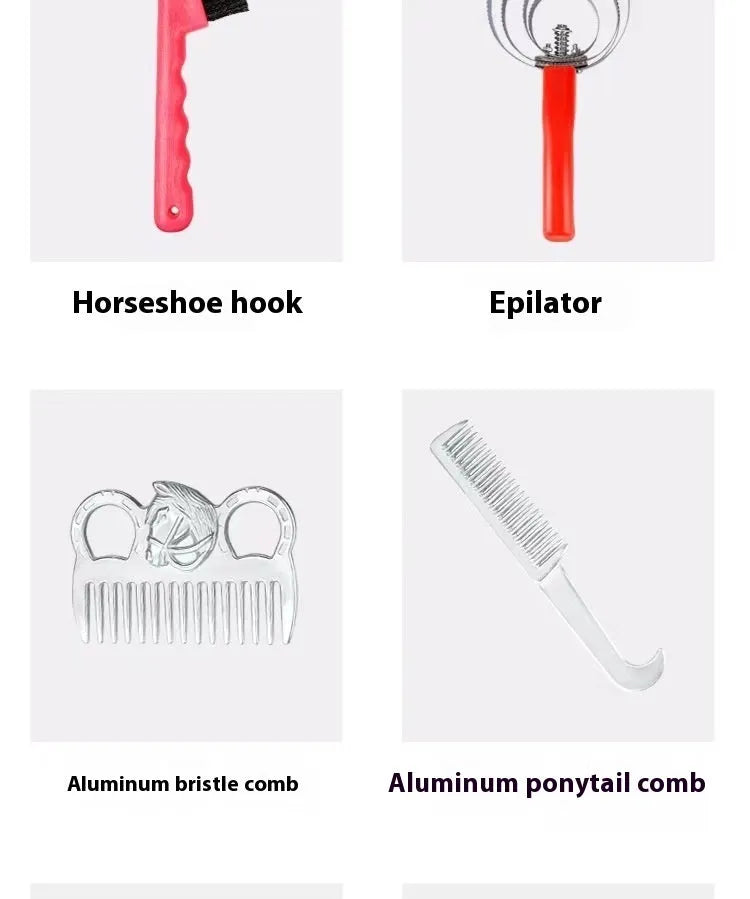 Complete horse grooming brush set with ten tools including brushes, combs, scraper and storage bag