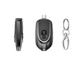 Black mini keychain power bank with Type-C and iPhone outputs, 1200mAh, hanging buckle, 71 x 19.5 x 38mm