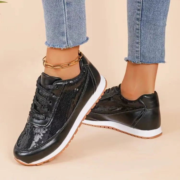 Women's thick-soled casual sneakers in PU leather with square toe design in black, silver, and champagne colours