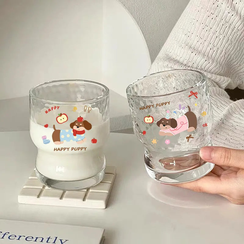 Soda lime glass cartoon milk cup with cute blue dog sticker design, 290ml, round shape