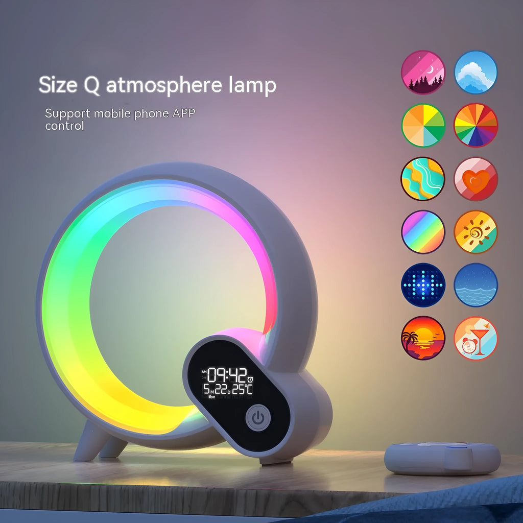 Creative Q Light sunrise alarm clock with digital display and colourful LED ring in black or white finish.