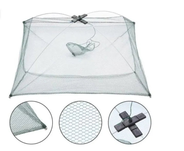 Green nylon pull-out fishing net with 60x60cm net head for compact landing and storage