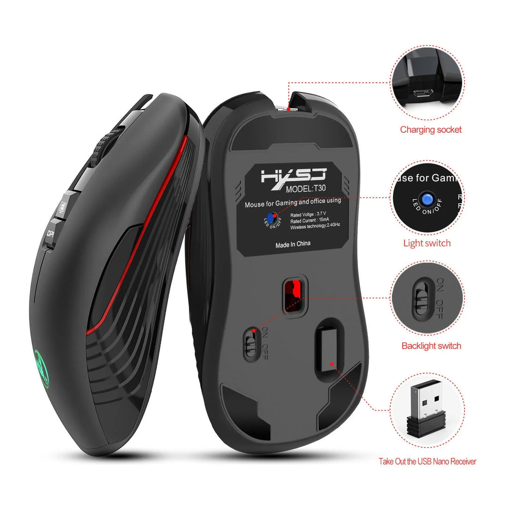 Black wireless ergonomic gaming mouse with colourful breathing light and adjustable DPI settings on a desk.